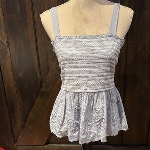 Elegant blue/gray elastic Lace like Trimmed Women's Top size L